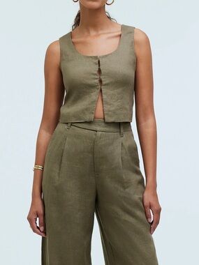 Madewell Scoopneck Crop Tank in 100% Linen — olive green